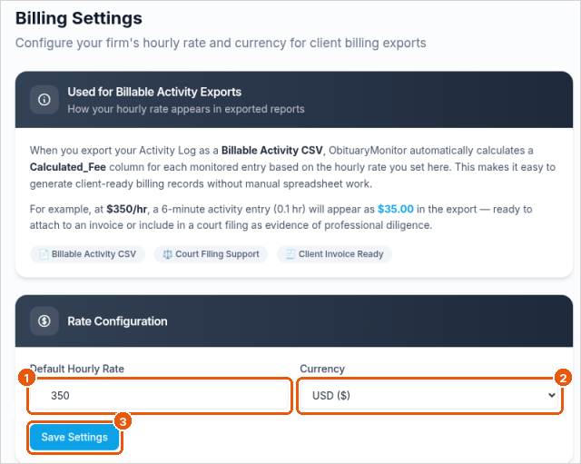 Billing Settings page with callouts on Default Hourly Rate, Currency, and Save Settings