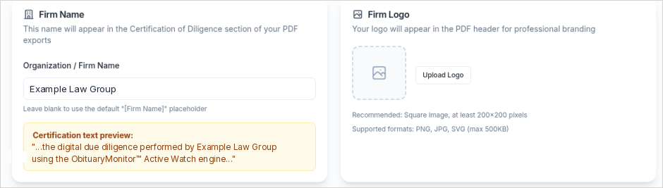 Branding Settings page with the Firm Name card and the Firm Logo card with the Upload Logo button