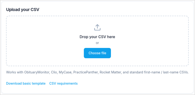 Upload your CSV card with Drop your CSV here, Choose file, Download basic template, and CSV requirements