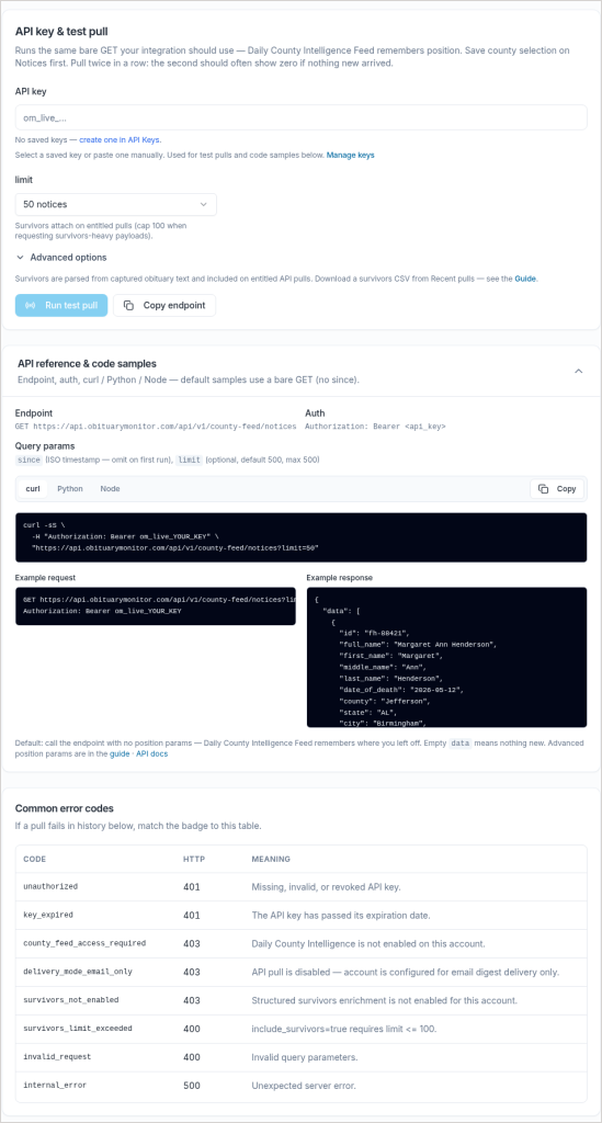 Integrations page API key and test pull card, the code samples, and the common error codes table
