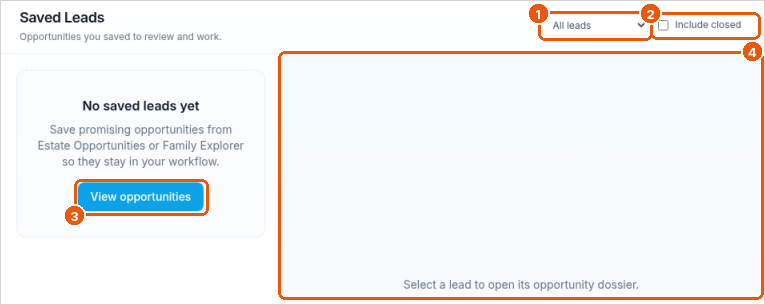 Saved Leads empty state with callouts on the lead filter, Include closed, View opportunities, and the dossier panel