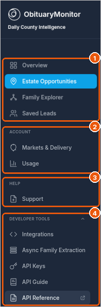 Portal sidebar with numbered callouts on the main pages, Account, Help, and Developer tools groups