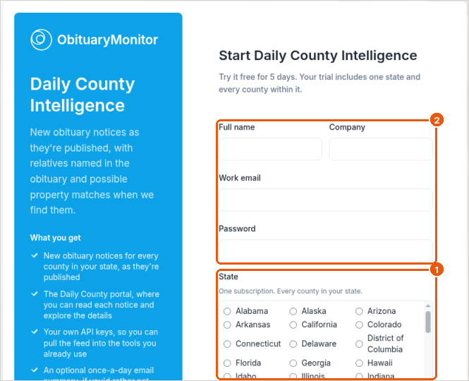 Start Daily County Intelligence sign-up form with callouts on the State list and the account fields