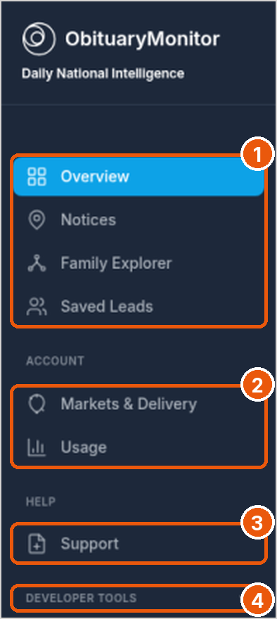 Portal sidebar with callouts on the main pages, Account, Help, and Developer tools