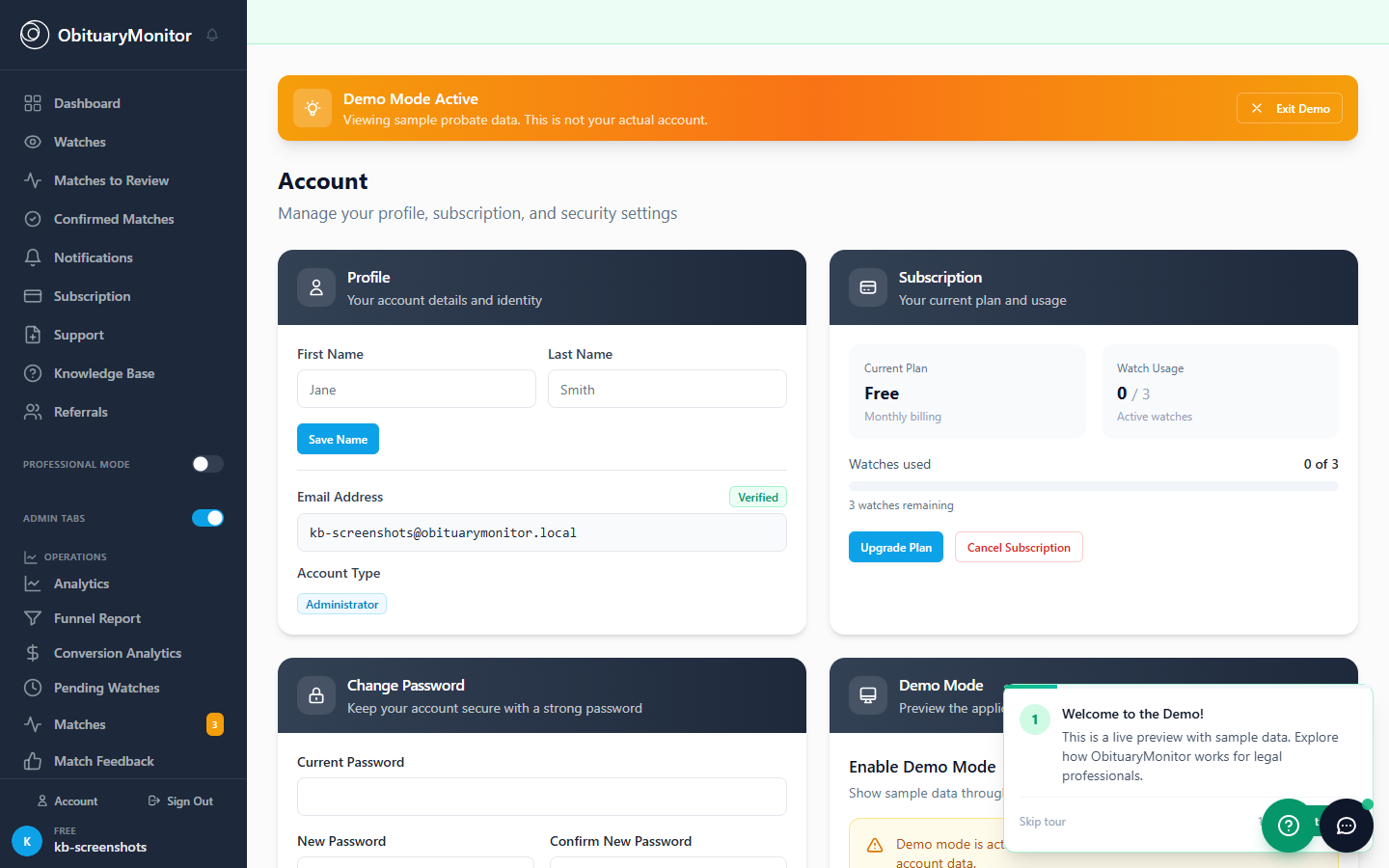 Account dropdown menu
