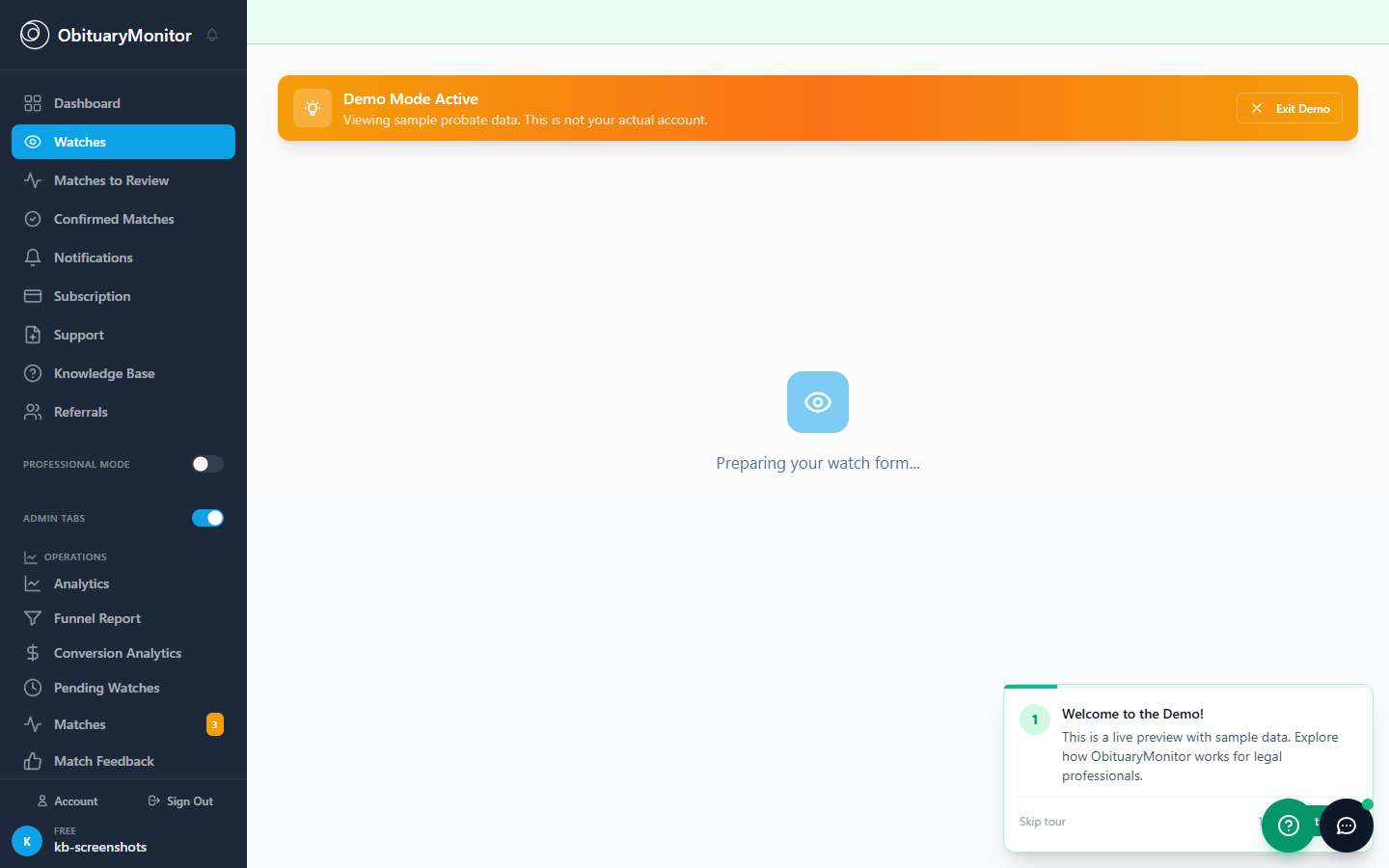 Dashboard with Add Watch button highlighted