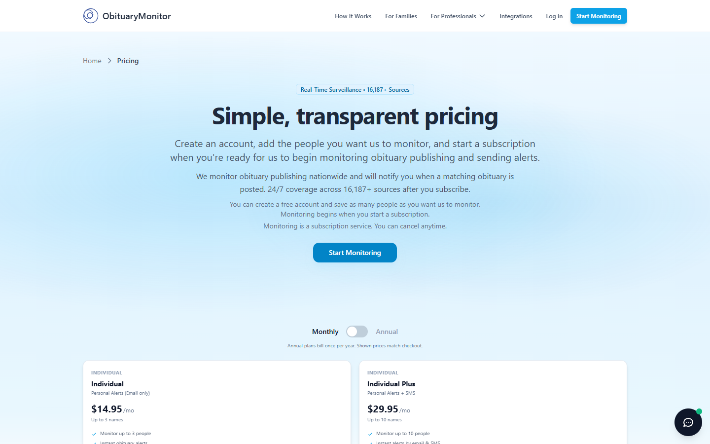 Pricing comparison table
